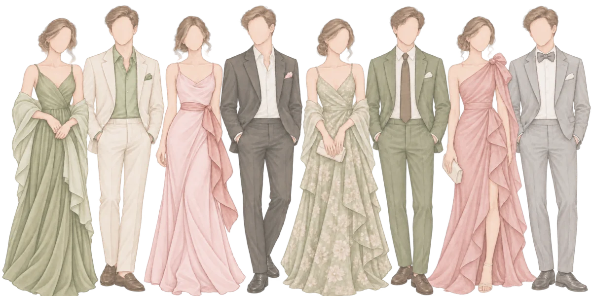 Eight guests in formal attire — olive, sage and blush gowns with
cream, charcoal, olive and grey suits